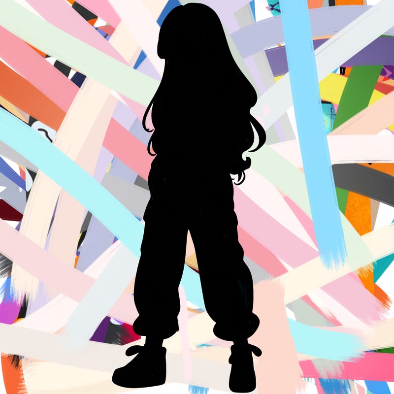 girl in baggy pants crop top and long hair