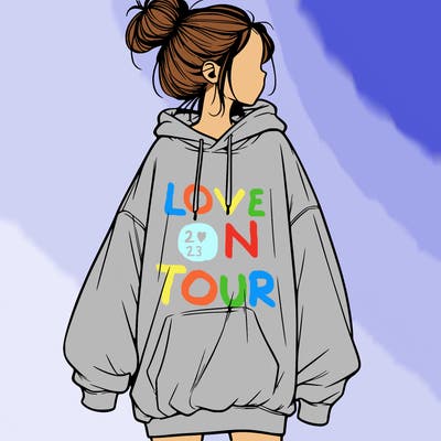 realistic girl with a oversized sweatshirt on and a bun