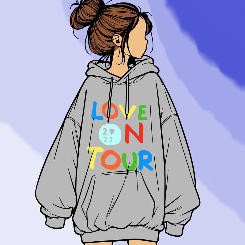 realistic girl with a oversized sweatshirt on and a bun