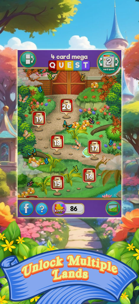 Bingo game Quest Summer Garden - In-game level map of Bingo Quest Summer Garden featuring a lush garden landscape with butterflies and numbered level markers.