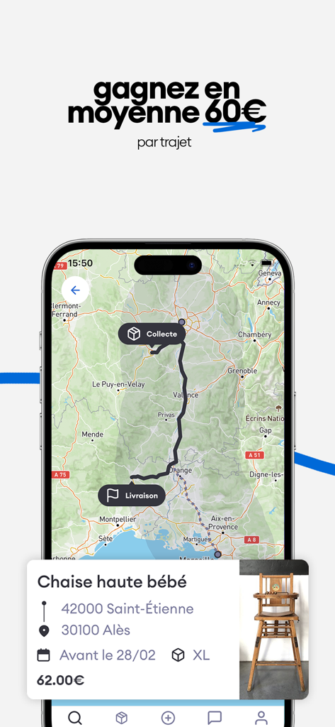 Cocolis, covoiturage de colis - Interfaz de la aplicación Cocolis que muestra una ruta de entrega para una trona de bebé en un mapa con ganancias estimadas
