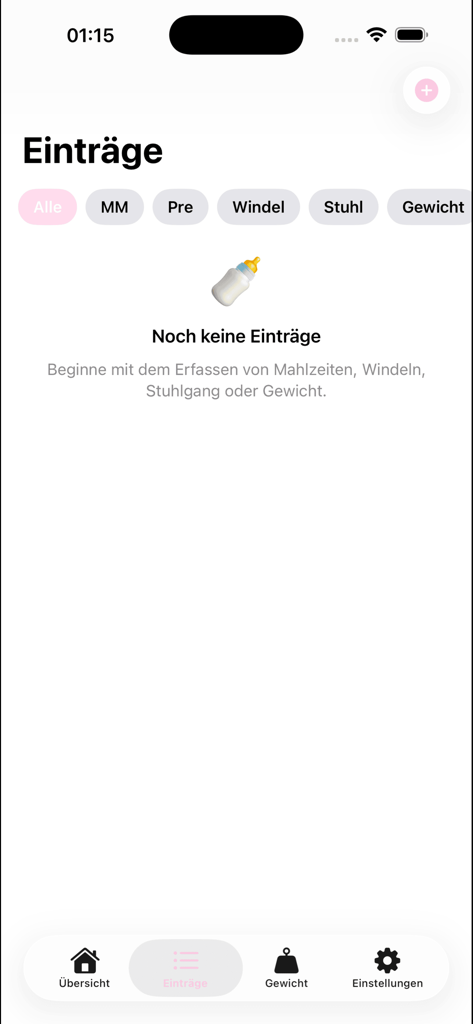Baby Tracker - Feeding Log - Screenshot of the entries log screen in the Baby Tracker app displaying filter categories for feedings diapers and weight