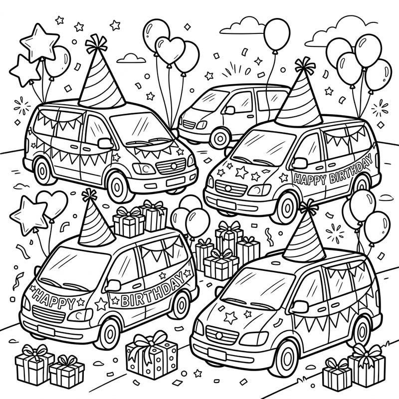 Get ready to party on wheels with this exciting birthday minivans coloring page! Featuring multiple festive vehicles, balloons, and gifts, it's perfect for celebrating a special day with creativity.