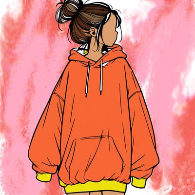 realistic girl with a oversized sweatshirt on and a bun
