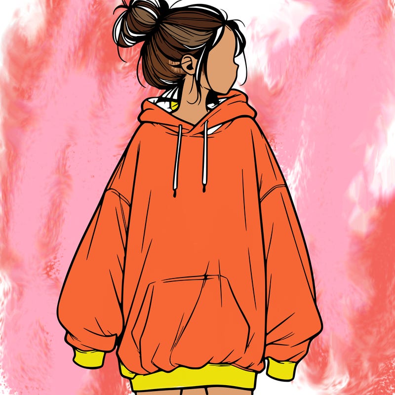 realistic girl with a oversized sweatshirt on and a bun