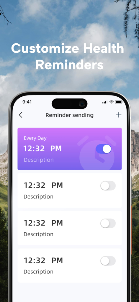 AI Health Pulse - Heart Rate - Um smartphone mostrando a tela de lembretes de saúde personalizados no aplicativo AI Health Pulse.