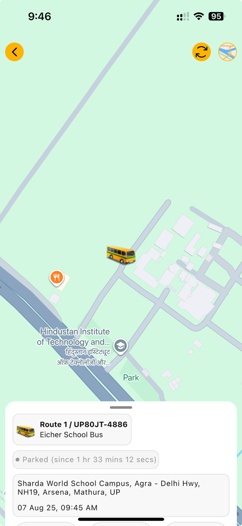 Where is My School Bus - Real-time map view showing the live location and parked status of a school bus within the app interface.