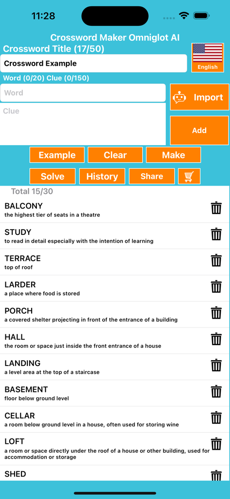 Crossword Maker Omniglot - Interface for creating a crossword with a list of words and clues in English
