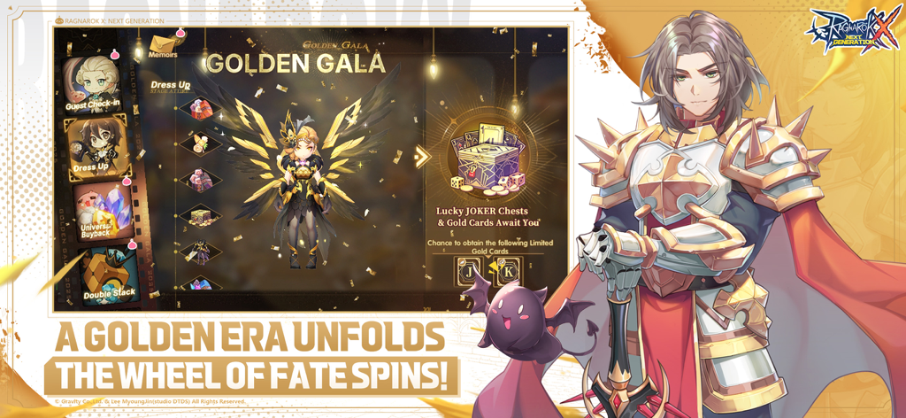 Image promotionnelle de Ragnarok X Next Generation pour l'événement Golden Gala montrant la personnalisation des personnages et des récompenses spéciales en or.