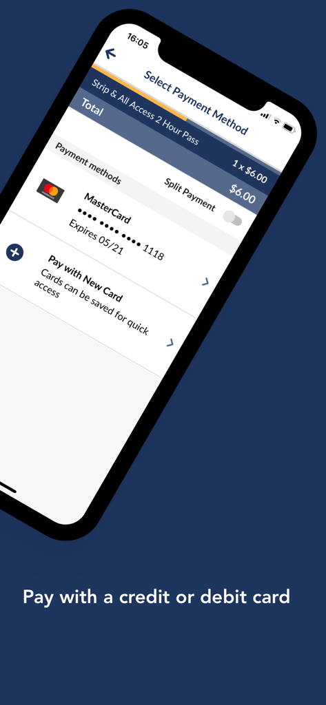 rideRTC - rideRTC app interface for selecting a credit or debit card payment method for a bus pass