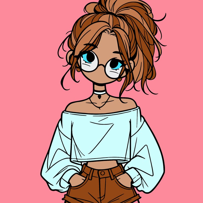 girl with a messy ponytail glasses a baggy crop top and jean shorts