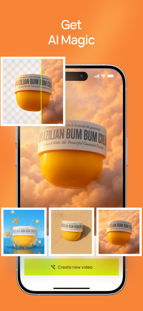 Fleur - AI Video Generator - Smartphone mostrando la interfaz de la aplicación Fleur con fondos generados por IA para una crema de cuidado de la piel