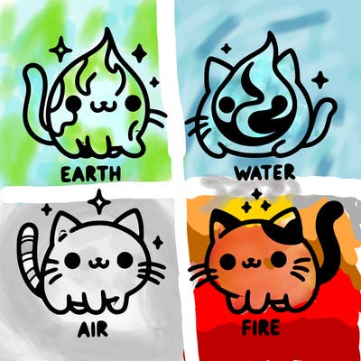 4 cats that represent the different elements, earth, water, air, and fire