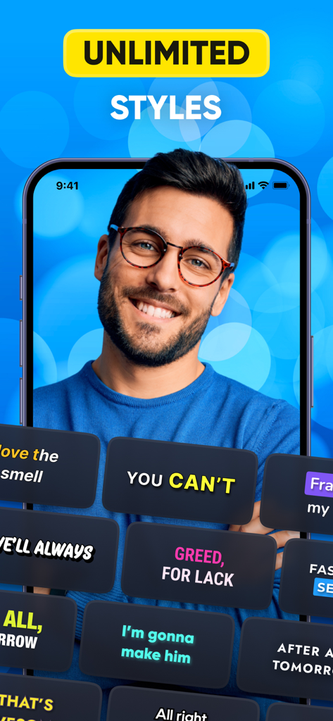 Capti AI. Captions for videos. - A phone screen displaying diverse dynamic text and caption styles for videos.