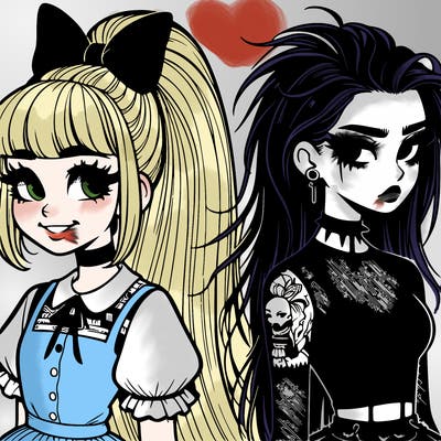 two girls facing back to back, the first one with a high ponytail & abow wearing cute clothe and has freckles and juicy lips and she is smiling a little while the other is wearing goth clothes with her hair down and a lice cap and she looks ahead with no emotions and a slight frown