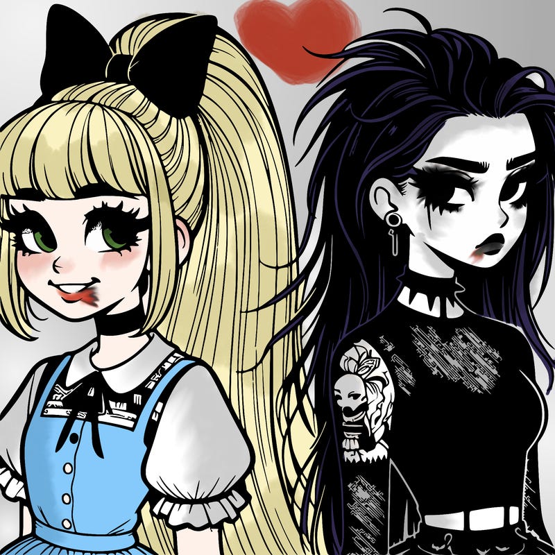 two girls facing back to back, the first one with a high ponytail & abow wearing cute clothe and has freckles and juicy lips and she is smiling a little while the other is wearing goth clothes with her hair down and a lice cap and she looks ahead with no emotions and a slight frown