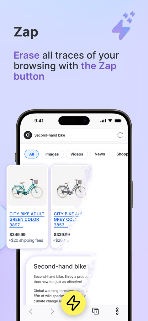 Qwant Private Search App-Oberfläche, die den Zap-Button zum Löschen von Browser-Spuren hervorhebt.
