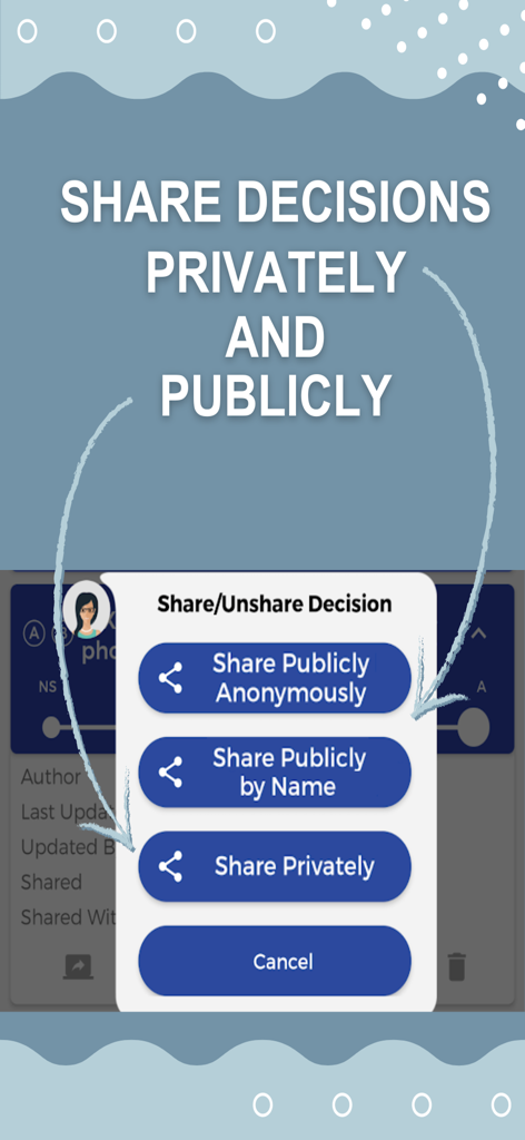 Harmony Decision Maker - A menu showing options to share decisions privately or publicly within the Harmony Decision Maker app