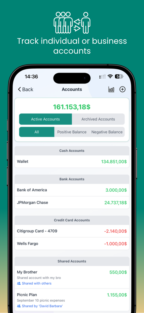 Budget and Money Manager - Eine mobile App-Oberfläche, die verschiedene Finanzkonten anzeigt, einschließlich Bargeld, Bank und gemeinsame Konten