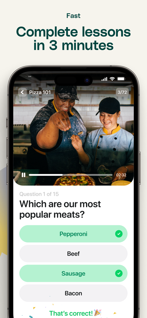 Opus Training - A 3-minute interactive quiz lesson on the Opus Training mobile app showing a restaurant staff training module with video and multiple choice questions