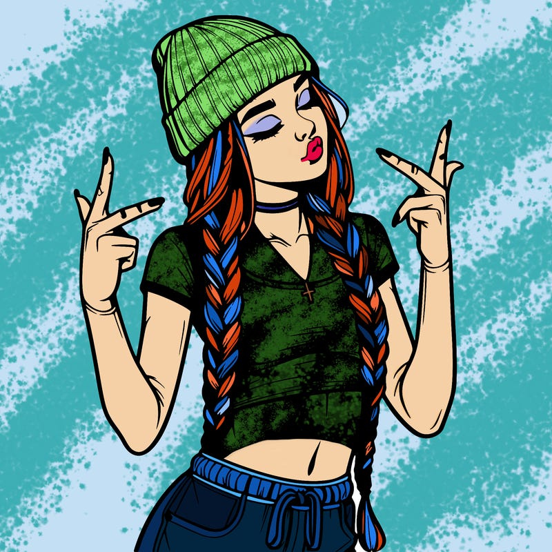 realistic teenage girl with braids and a beanie and crop top doing 🫶🏼