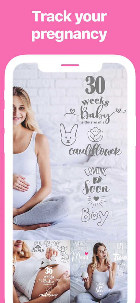 Baby Photo Editor - BabyArt - Pregnancy milestone tracker in BabyArt app with baby size comparisons and artistic text overlays