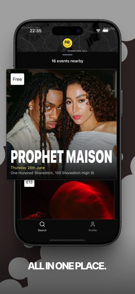 Buzz - Find Creative Events - Smartphone screen showing the Buzz app with a curated list of nearby creative events and the slogan All In One Place.