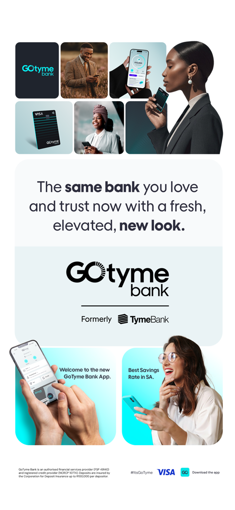 Marketing poster for GoTyme Bank South Africa announcing its new brand identity and high savings interest rate features.