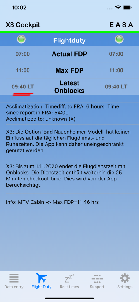 EASA vs Airline FTL - A flight duty period comparison screen between EASA regulations and airline specific rules for pilots.