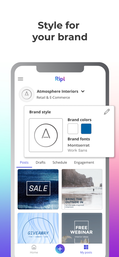A smartphone screen showing the Ripl app brand style settings for logo, colors, and fonts above a grid of social media post templates.