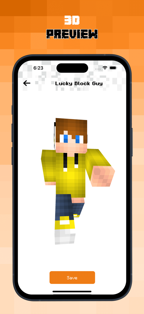 New Lucky Block Mod for MCPE - Vista previa en 3D de la skin del personaje Lucky Block Guy en la aplicación de mods de Minecraft