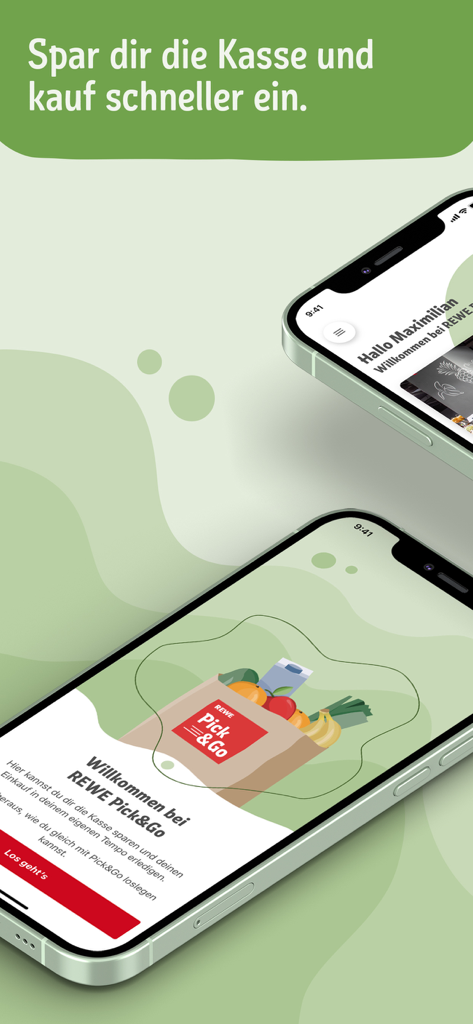 REWE Pick und Go App-Oberfläche auf zwei Mobiltelefonen, die einen reibungslosen Willkommensbildschirm für das Einkaufen zeigt