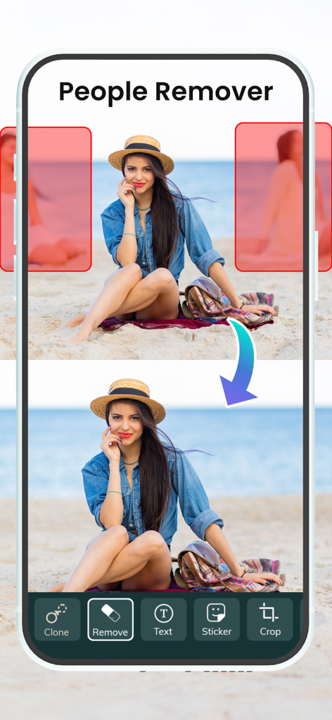 Object Remover : Remove People - Before and after comparison of removing background people from a beach photo using the app