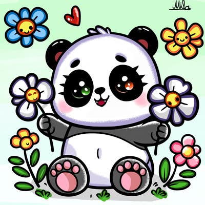 cartoon panda with flowers