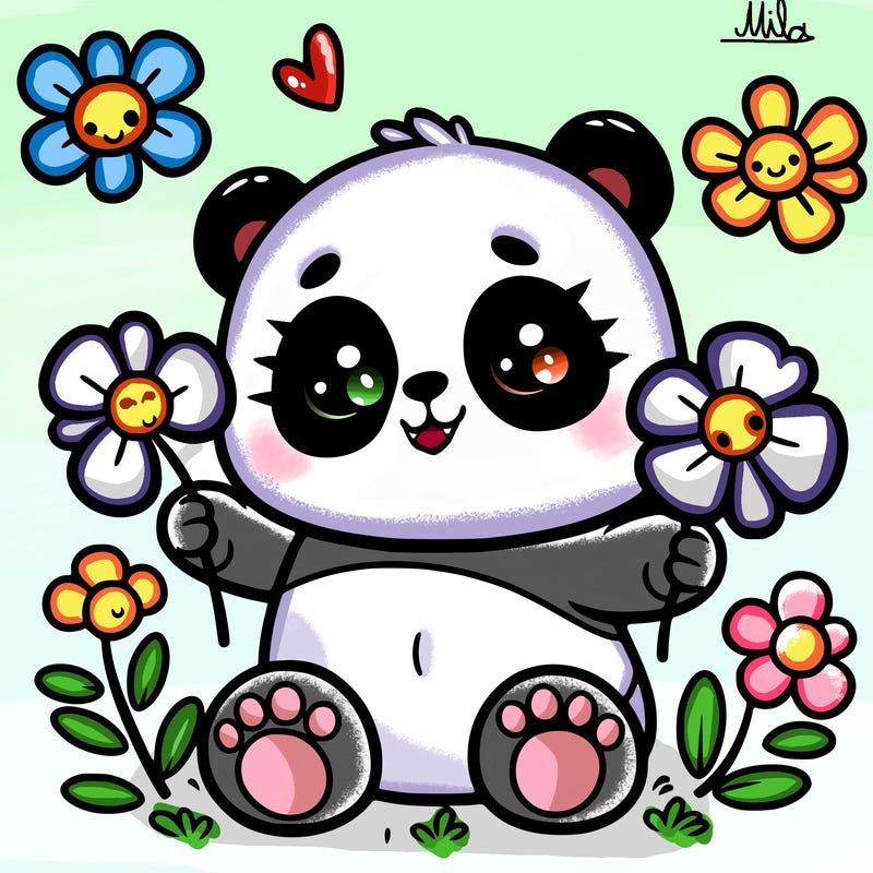 cartoon panda with flowers