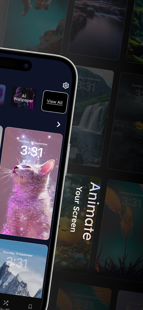 iPhone lock screen displaying a glittering pink cat animation from the Moving Live Wallpaper app