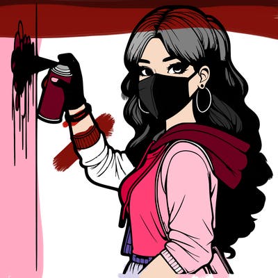 realistic girl with mask spray painting a wall