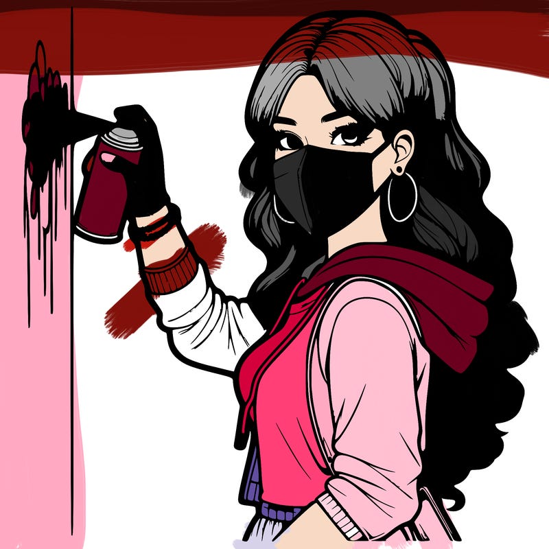 realistic girl with mask spray painting a wall