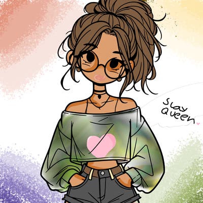 girl with a messy ponytail glasses a baggy crop top and jean shorts