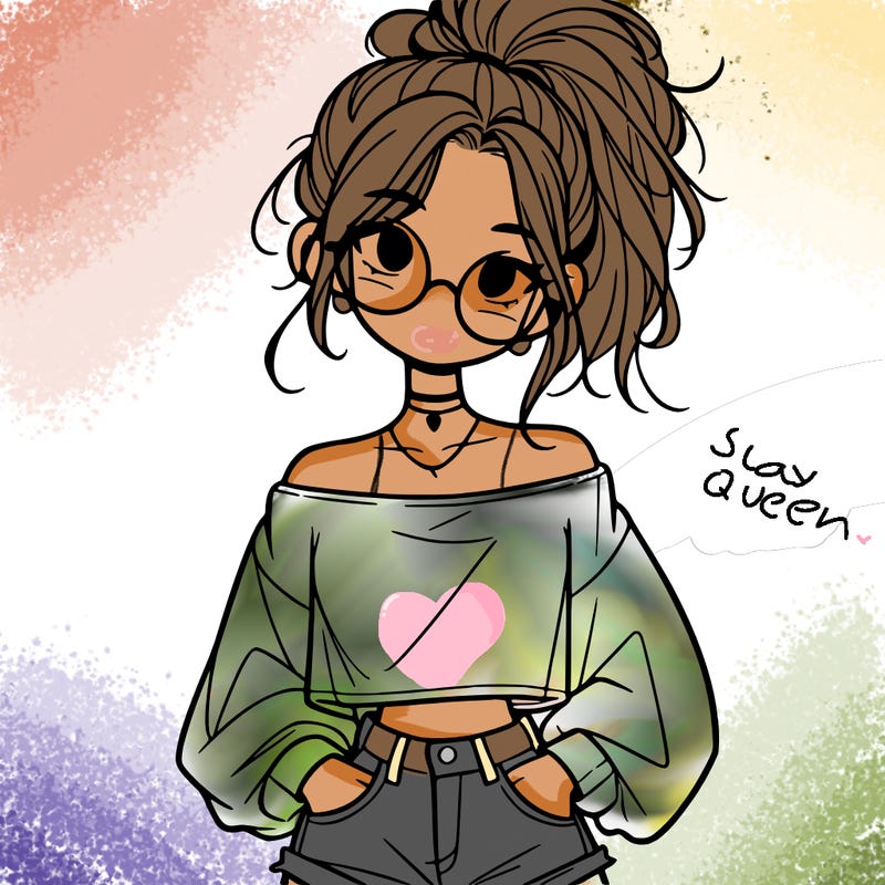 girl with a messy ponytail glasses a baggy crop top and jean shorts