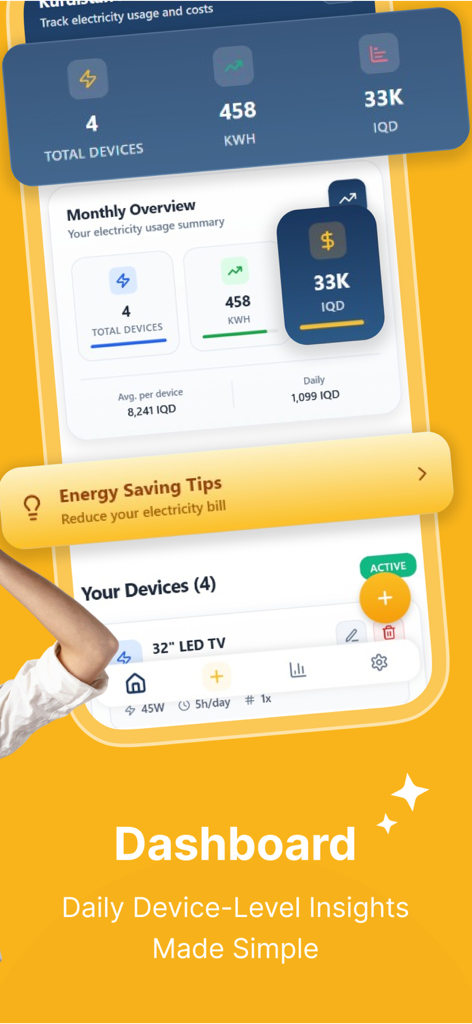 Dashboard of KRG Power app showing electricity consumption metrics and monthly cost estimates.