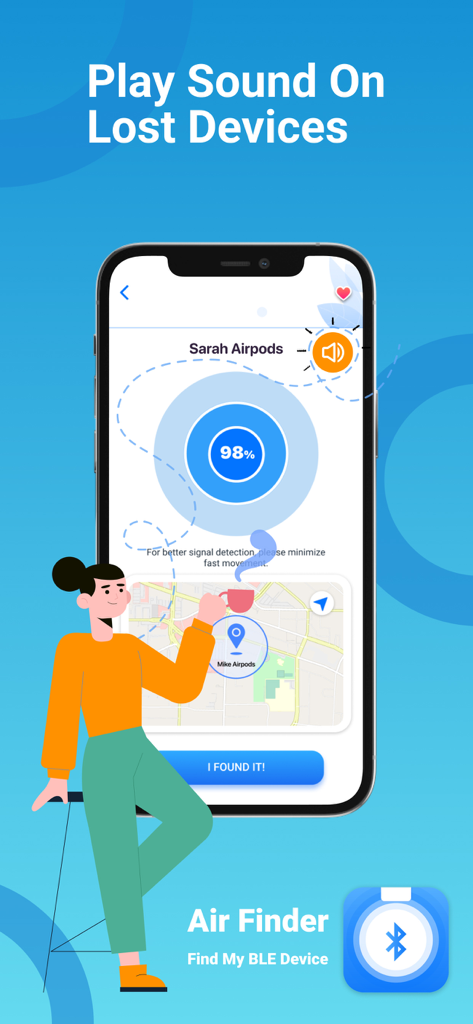 Find Air: My Device Tracker - Find Airアプリの画面。紛失したデバイスの信号レーダーとサウンド再生機能が表示されています。