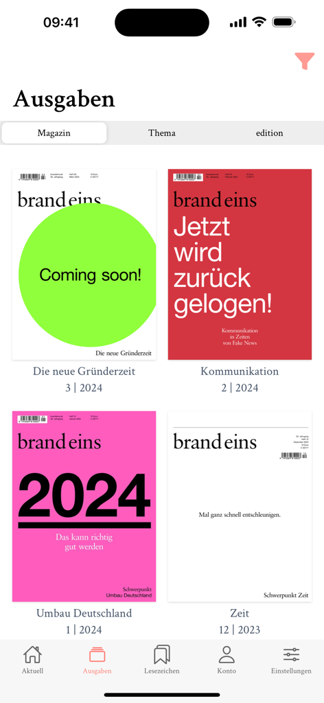 brand eins - Interface of the brand eins app displaying a grid of magazine covers under the issues section