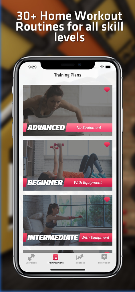 Home Workout For Women - Smartphone screen displaying beginner intermediate and advanced home workout plans for women