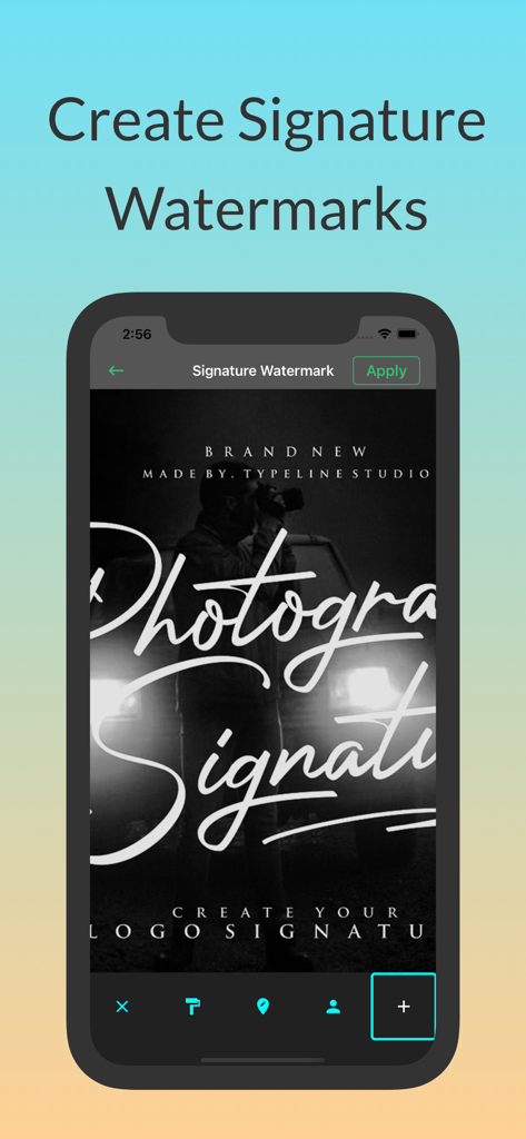 Mobile app interface showing how to create and apply a custom signature watermark to a professional photograph.