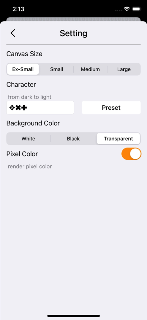 Pantalla de configuración de Imagen a Arte ASCII que muestra el tamaño del lienzo y las opciones de caracteres.