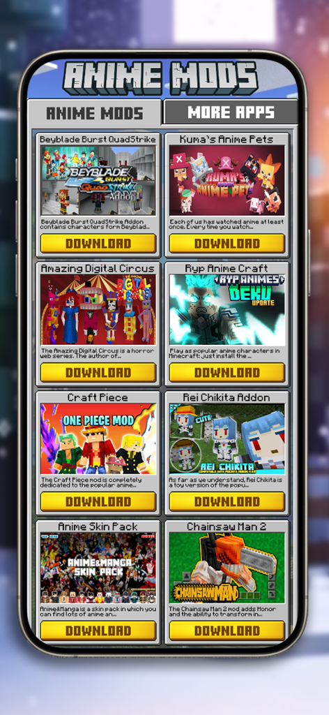 Interface of the Anime Mods app showing a gallery of Minecraft addons including One Piece and Chainsaw Man with download buttons.
