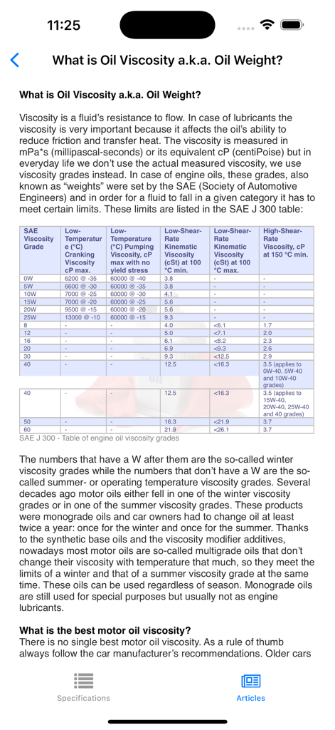 Oil Specifications - Technical article about oil viscosity featuring the SAE J 300 engine oil viscosity grades table