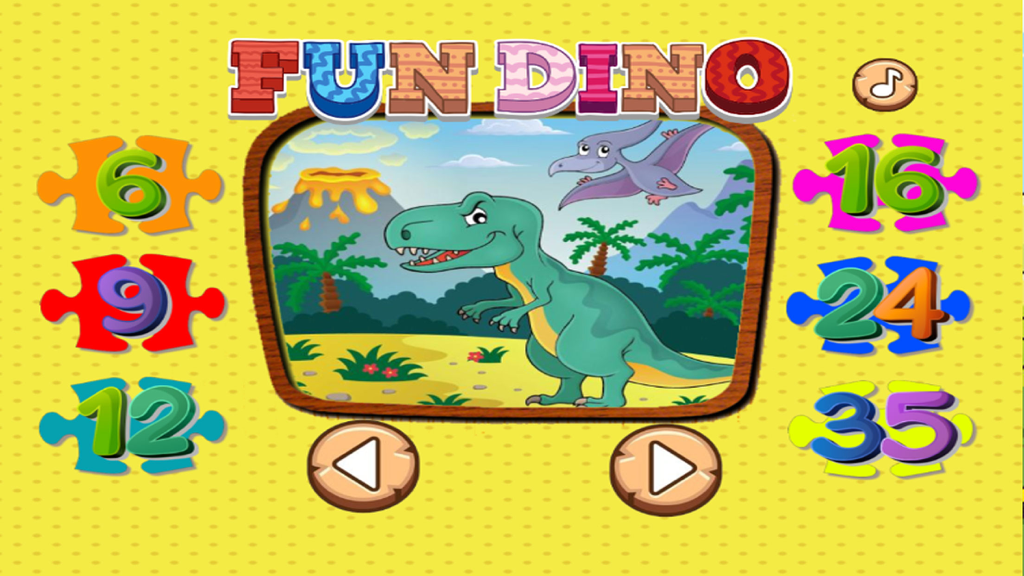 Dino Puzzle : Kids Dinosaurs Jigsaw Learning Games - Pantalla del menú de un juego de rompecabezas de dinosaurios para niños que muestra niveles de dificultad e ilustraciones coloridas de dinosaurios