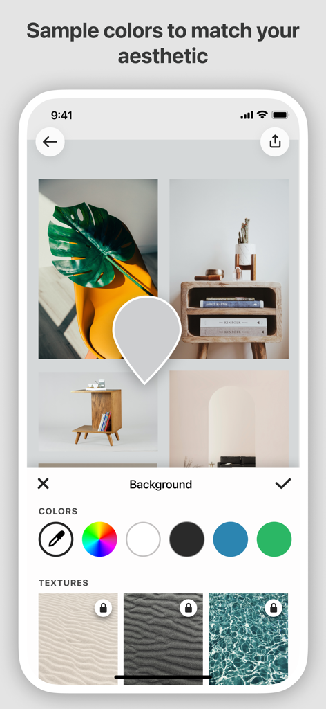 Moodboard - Photo Video Layout - Oberfläche der Moodboard-App, die das Farbauswahlwerkzeug zum Auswählen von Farben aus Fotos für den Hintergrund zeigt